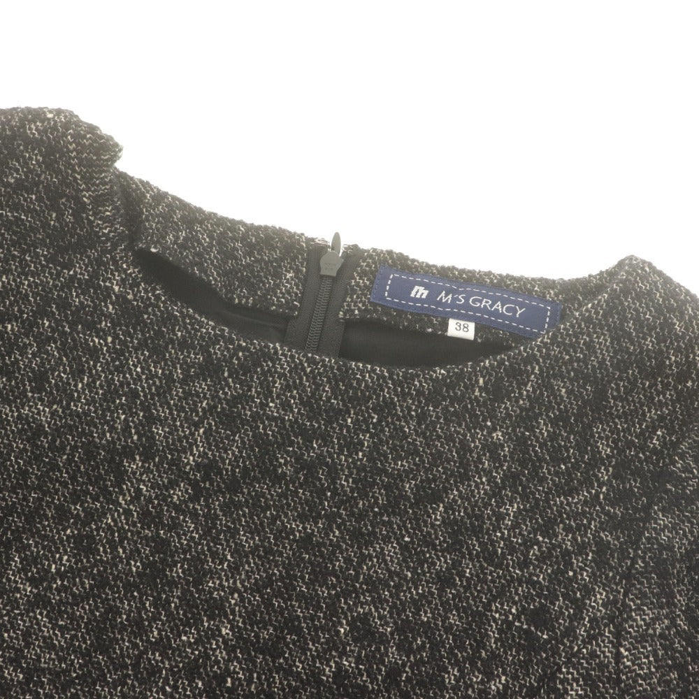 ■ M'S GRACY Dress 3/4 Sleeve Top Bottom Contrast Peplum Tweed Women's 38 Black-tone with Corsage