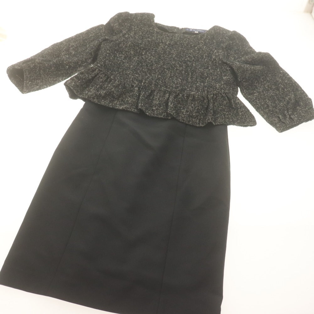 ■ M'S GRACY Dress 3/4 Sleeve Top Bottom Contrast Peplum Tweed Women's 38 Black-tone with Corsage