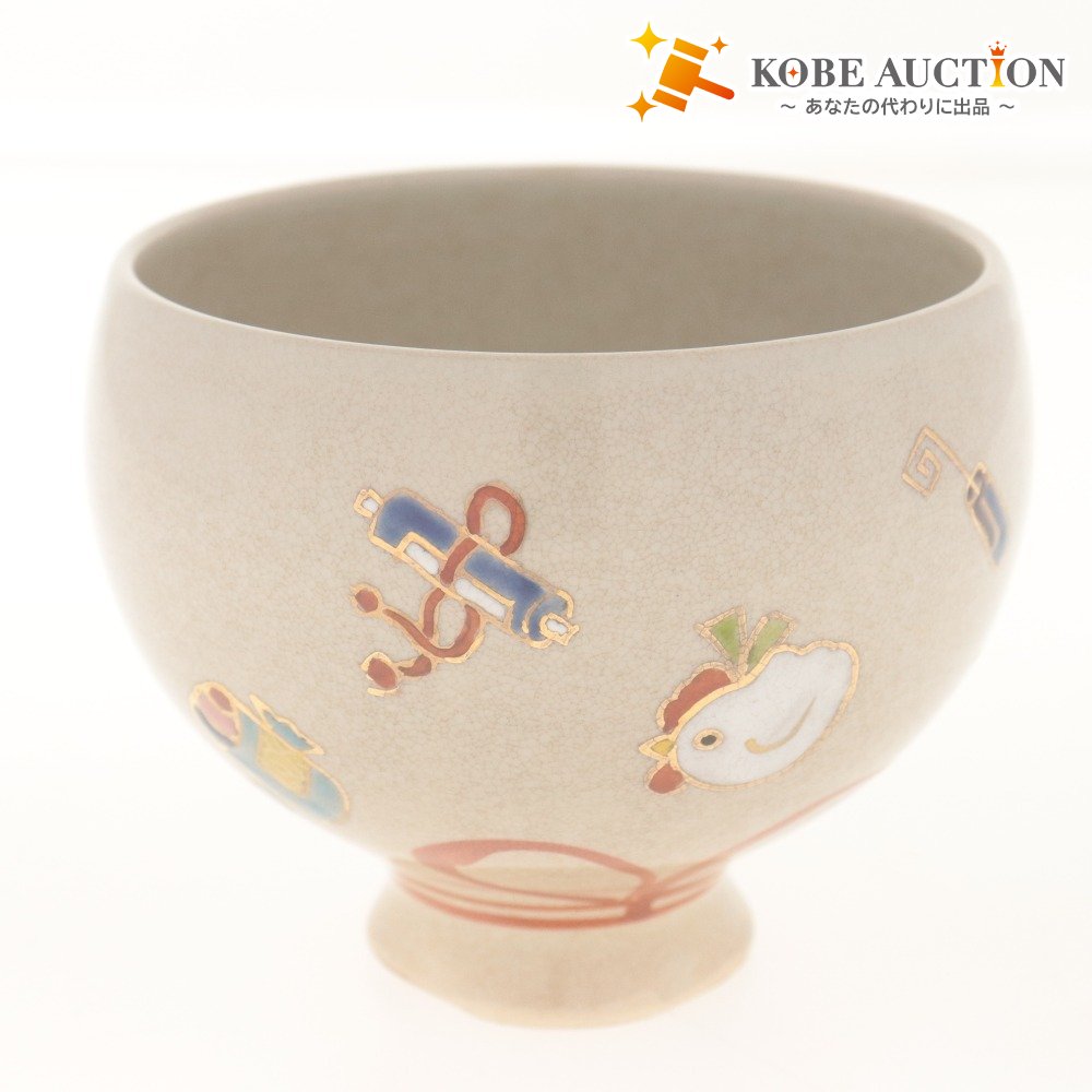 ■ 茶碗 色絵 東山深山 作 宝袋に酉 刻陶印あり 京焼 陶器 茶道具 抹茶 茶器 食卓器 箱/付属品付き