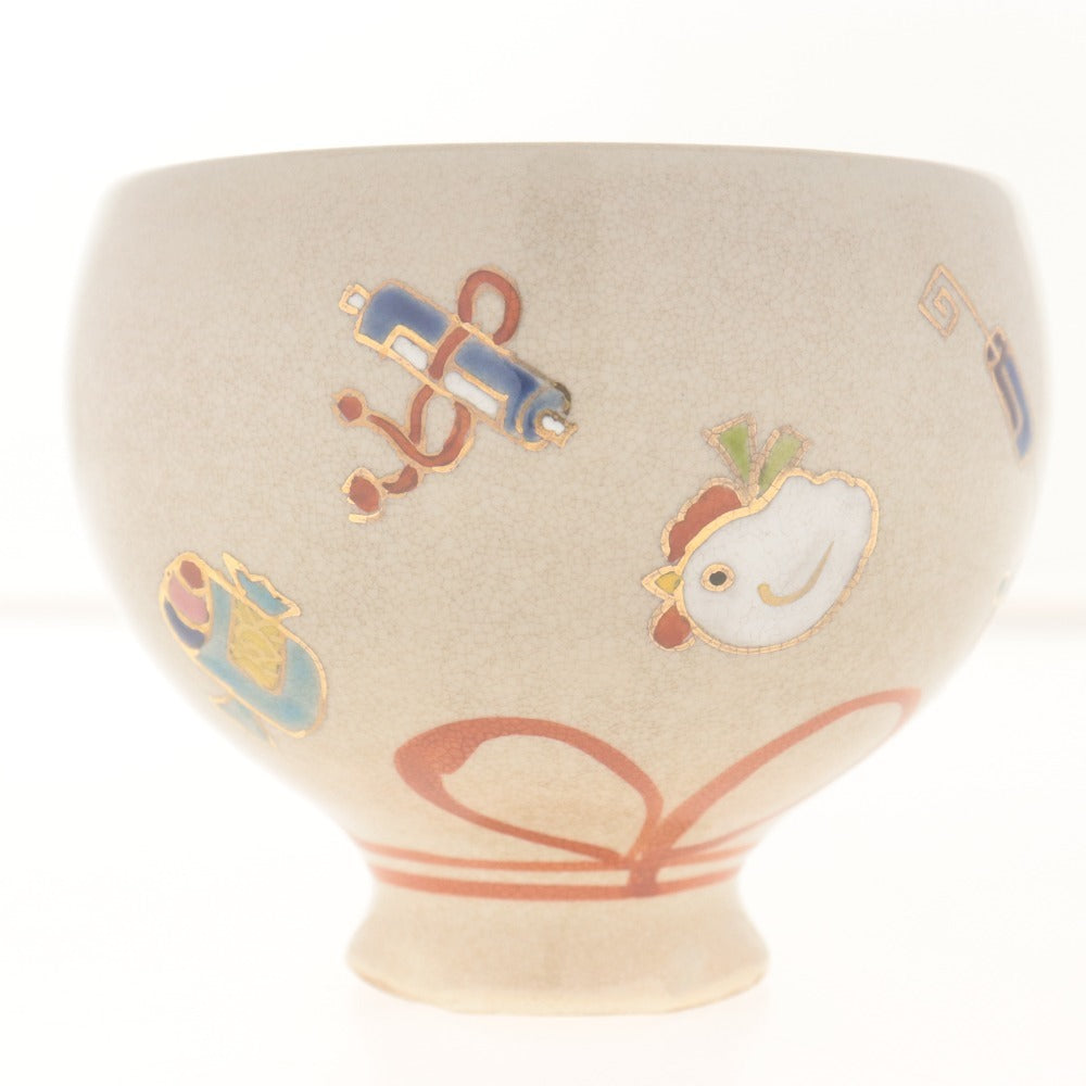 ■ 茶碗 色絵 東山深山 作 宝袋に酉 刻陶印あり 京焼 陶器 茶道具 抹茶 茶器 食卓器 箱/付属品付き