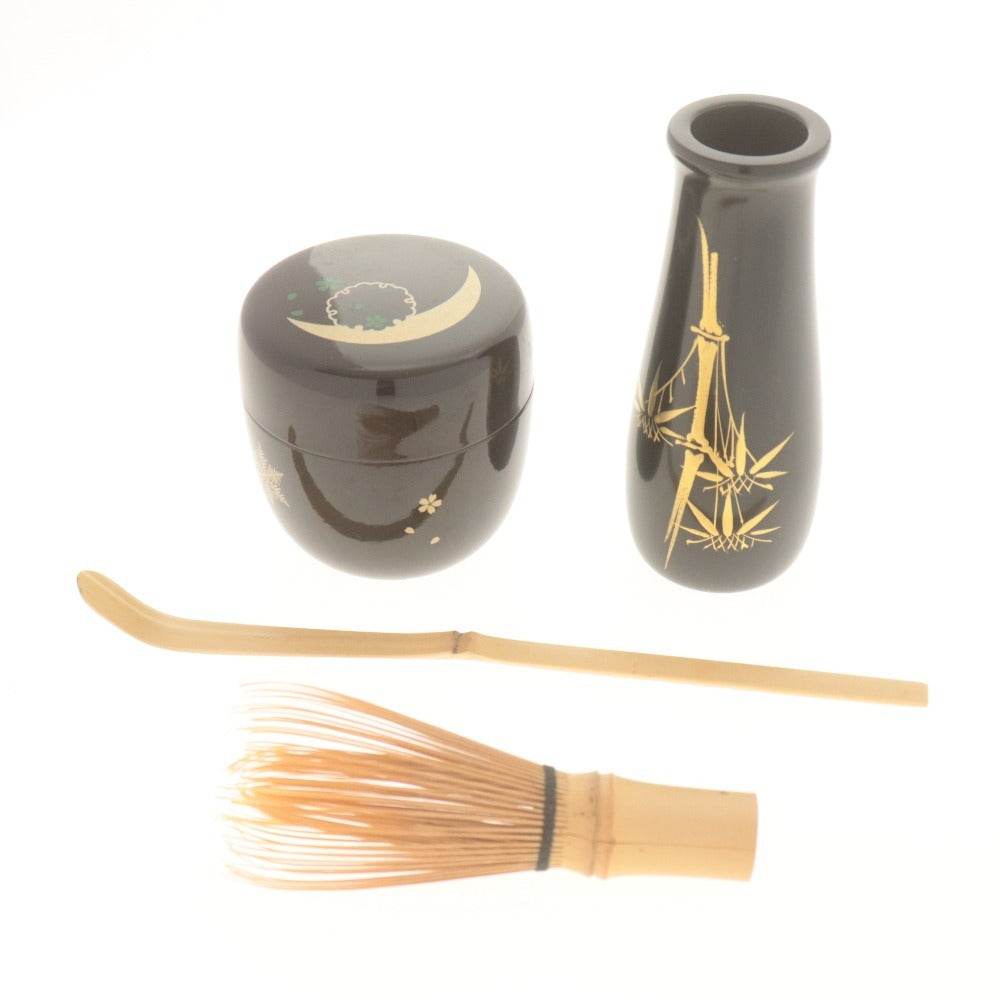 ■ 総桐本漆塗 利休茶箱 茶道具 8点セット 茶箱/茶碗/振出/茶巾筒/棗/茶杓/茶/ 在銘 昌山 刻陶印 色絵 付属品付き