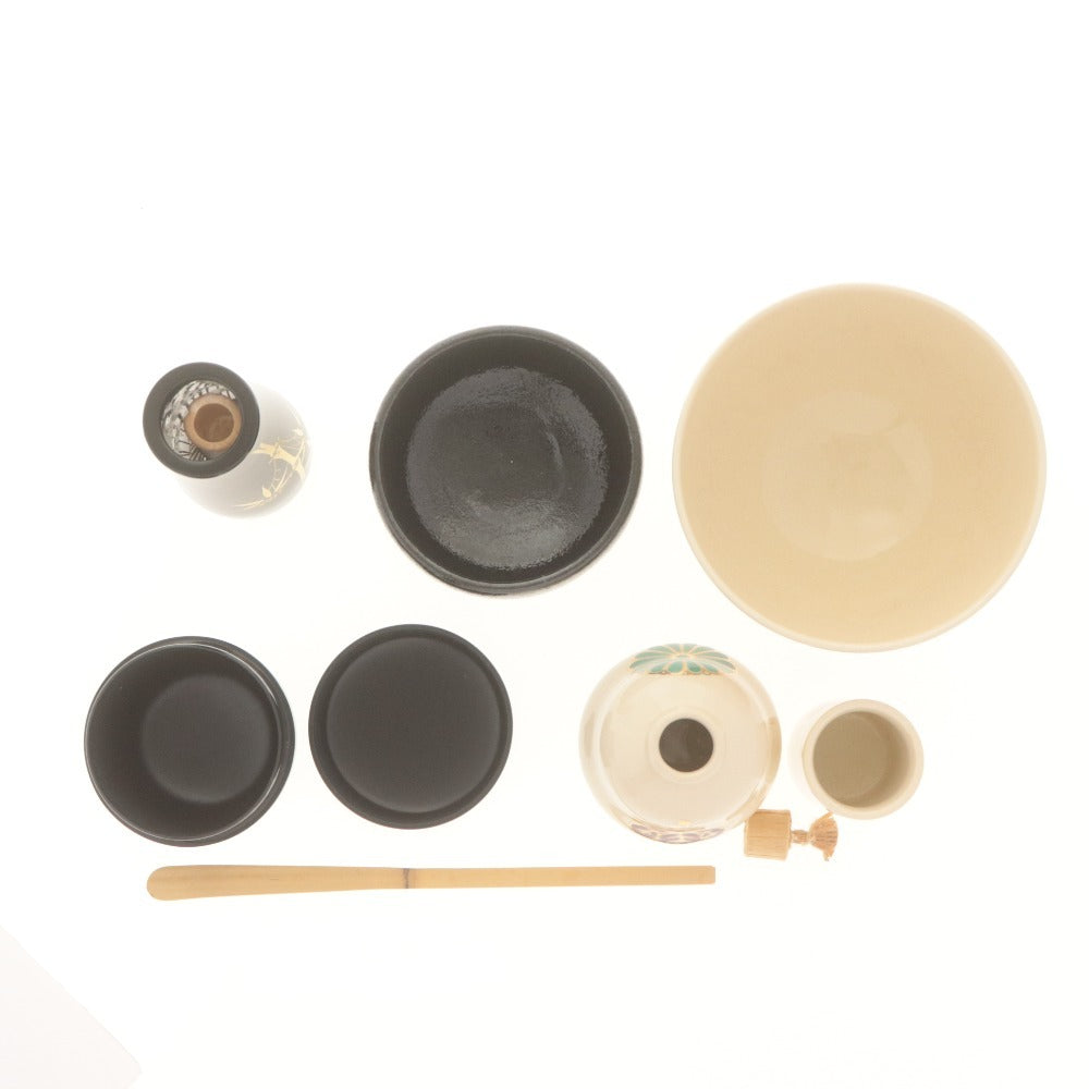 ■ 総桐本漆塗 利休茶箱 茶道具 8点セット 茶箱/茶碗/振出/茶巾筒/棗/茶杓/茶/ 在銘 昌山 刻陶印 色絵 付属品付き