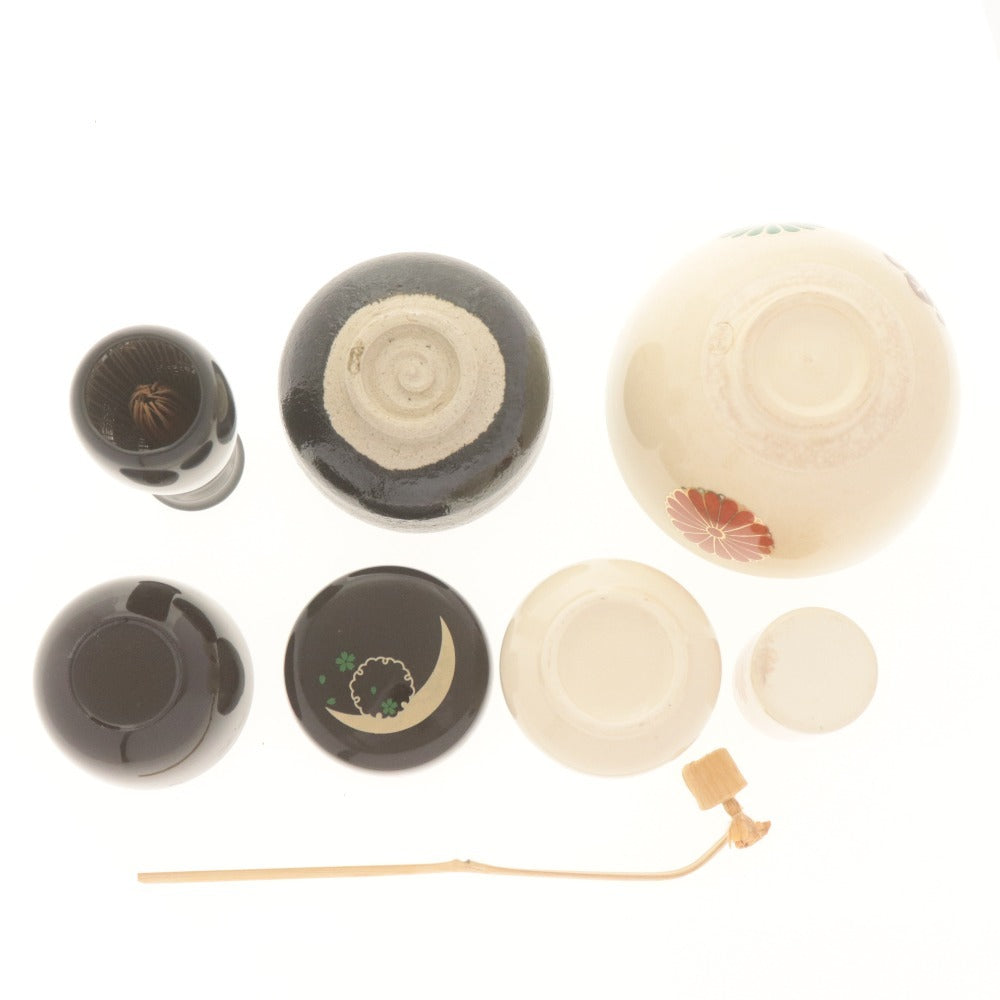 ■ 総桐本漆塗 利休茶箱 茶道具 8点セット 茶箱/茶碗/振出/茶巾筒/棗/茶杓/茶/ 在銘 昌山 刻陶印 色絵 付属品付き
