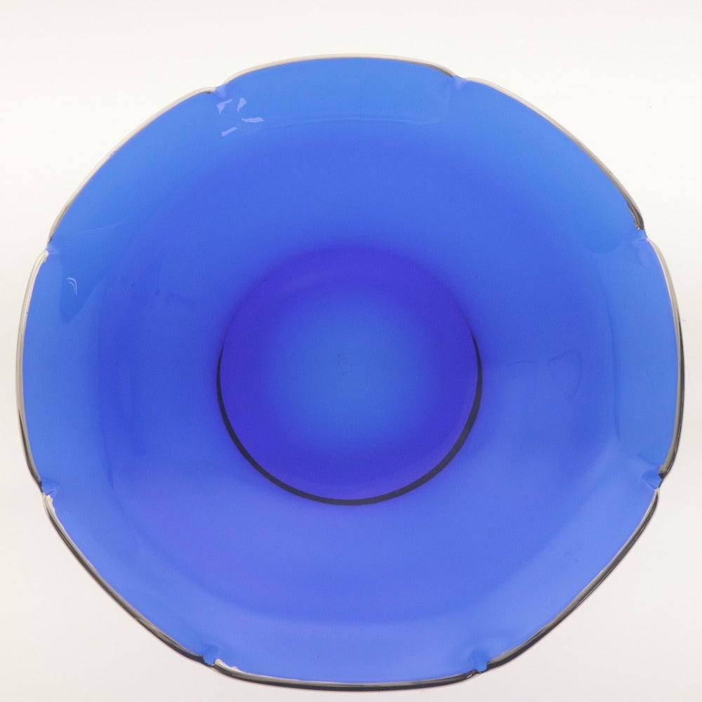 ■ 河上恭一郎 ガラス大皿 輪花皿 銀緑 瑠璃 恭/刻印 深皿 食卓器 ブルー 箱付き 全長22.8cm