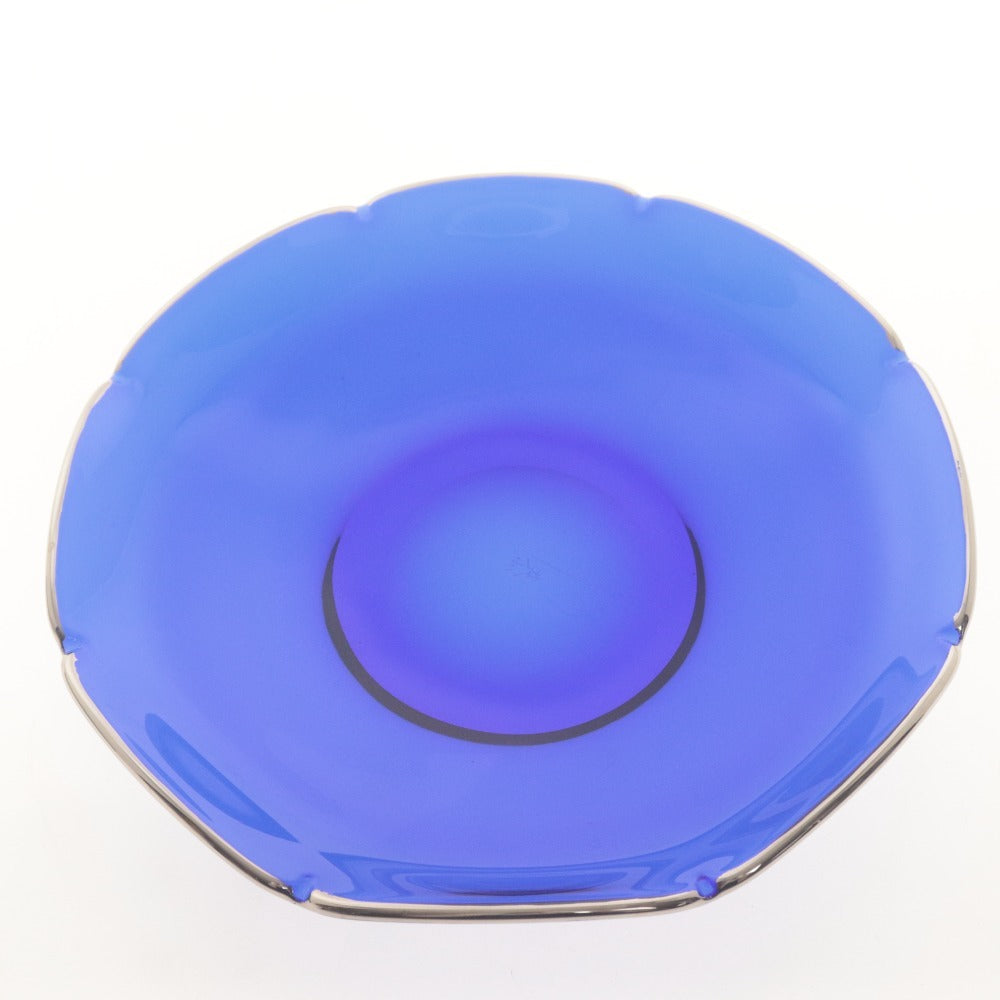 ■ 河上恭一郎 ガラス大皿 輪花皿 銀緑 瑠璃 恭/刻印 深皿 食卓器 ブルー 箱付き 全長22.8cm