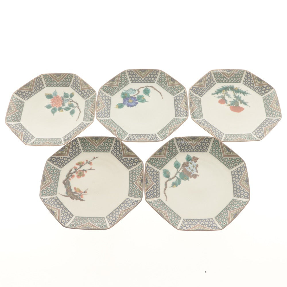 ■ 秀山堂造 銘々皿 5枚/客セット 絵変花鳥文 九谷焼 花柄 中皿 和食器 全長18.5cm 共箱付き