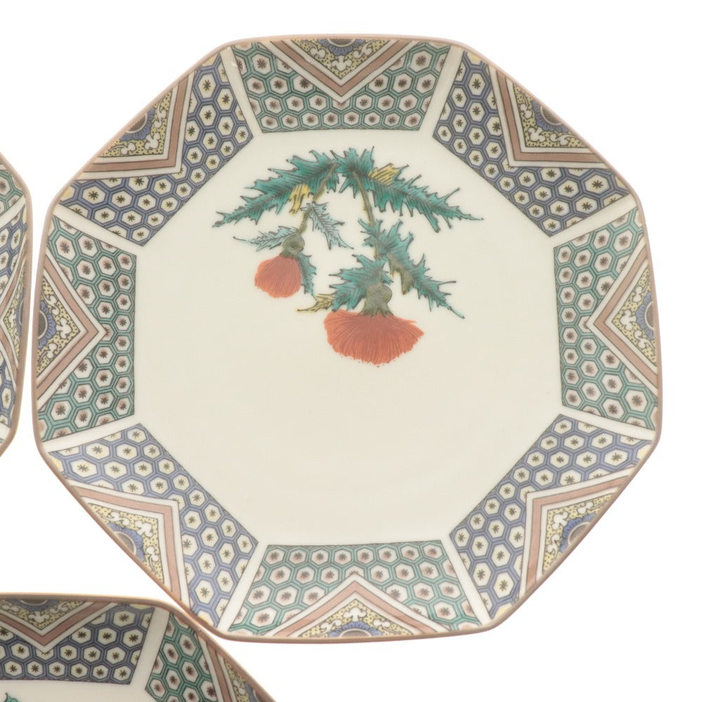 ■ 秀山堂造 銘々皿 5枚/客セット 絵変花鳥文 九谷焼 花柄 中皿 和食器 全長18.5cm 共箱付き