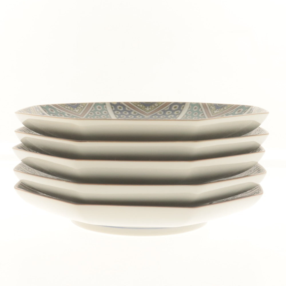 ■ 秀山堂造 銘々皿 5枚/客セット 絵変花鳥文 九谷焼 花柄 中皿 和食器 全長18.5cm 共箱付き