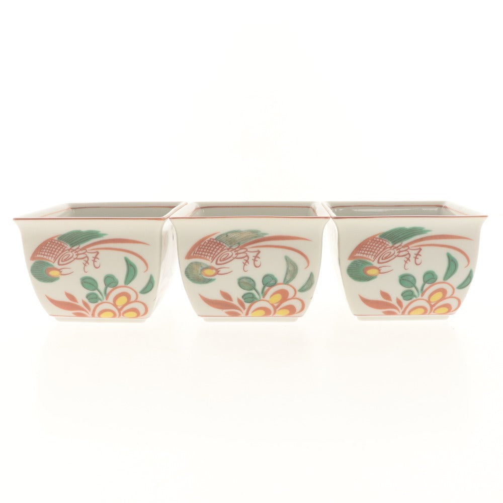 ■ 橘吉 たち吉 小鉢 5客/個セット 赤絵 花柄 在銘 橘吉 刻印 四角 深鉢 皿 和食器 全長9.2cm 共箱付き