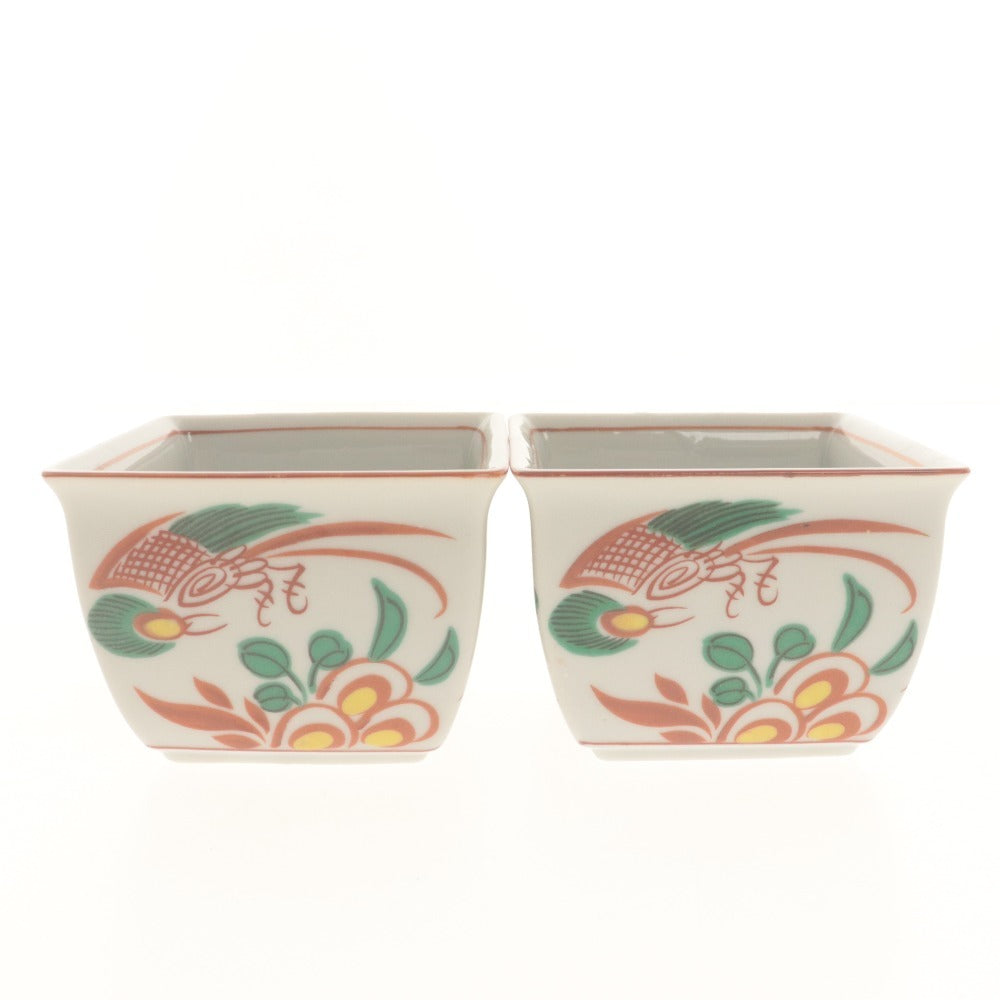 ■ 橘吉 たち吉 小鉢 5客/個セット 赤絵 花柄 在銘 橘吉 刻印 四角 深鉢 皿 和食器 全長9.2cm 共箱付き