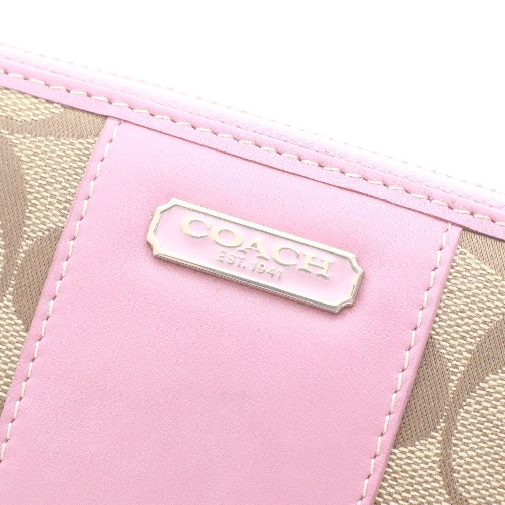 ■ COACH コーチ 長財布 ウォレット ファスナー 札 小銭入れ シグネチャー レディース ライトブラウン ピンク
