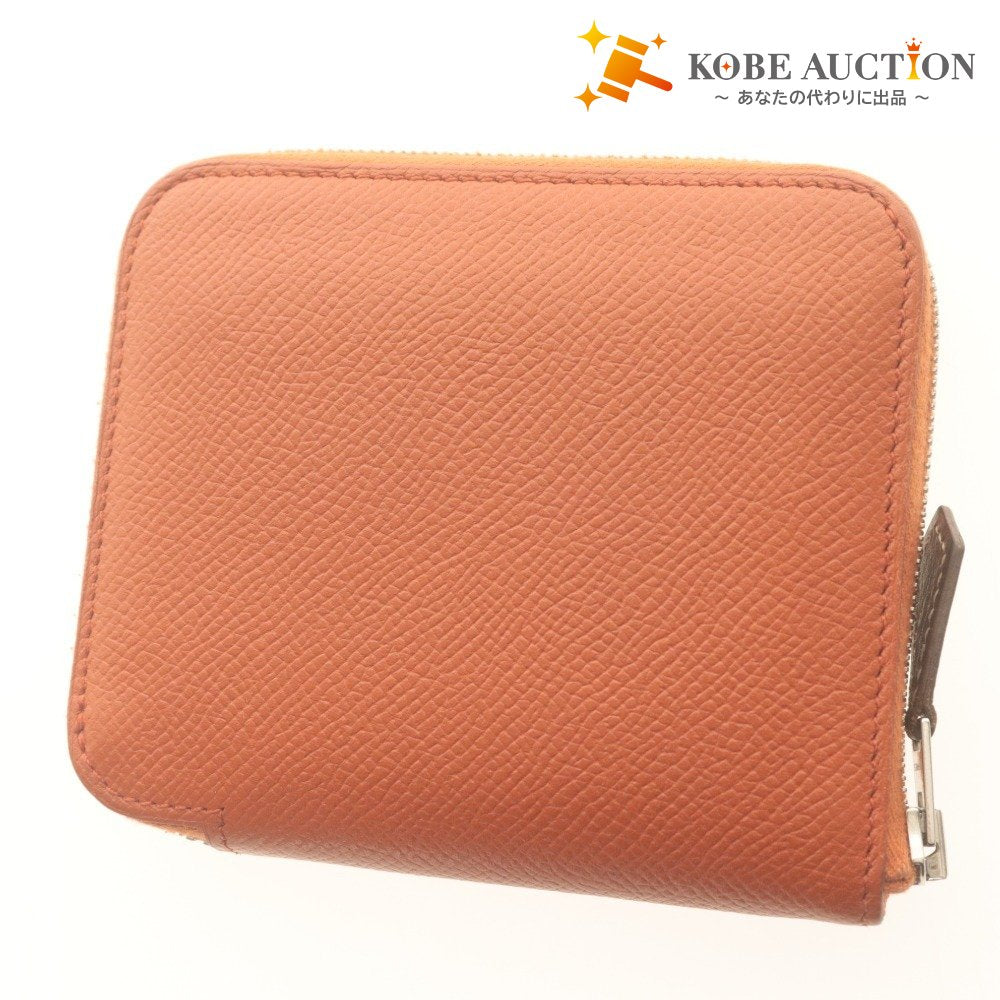 ■ エルメス HERMES ミニ財布 アザップ シルクイン コンパクト C刻印 SL 002 DB ファスナー カード小銭入れ レディース メンズ オレンジ系