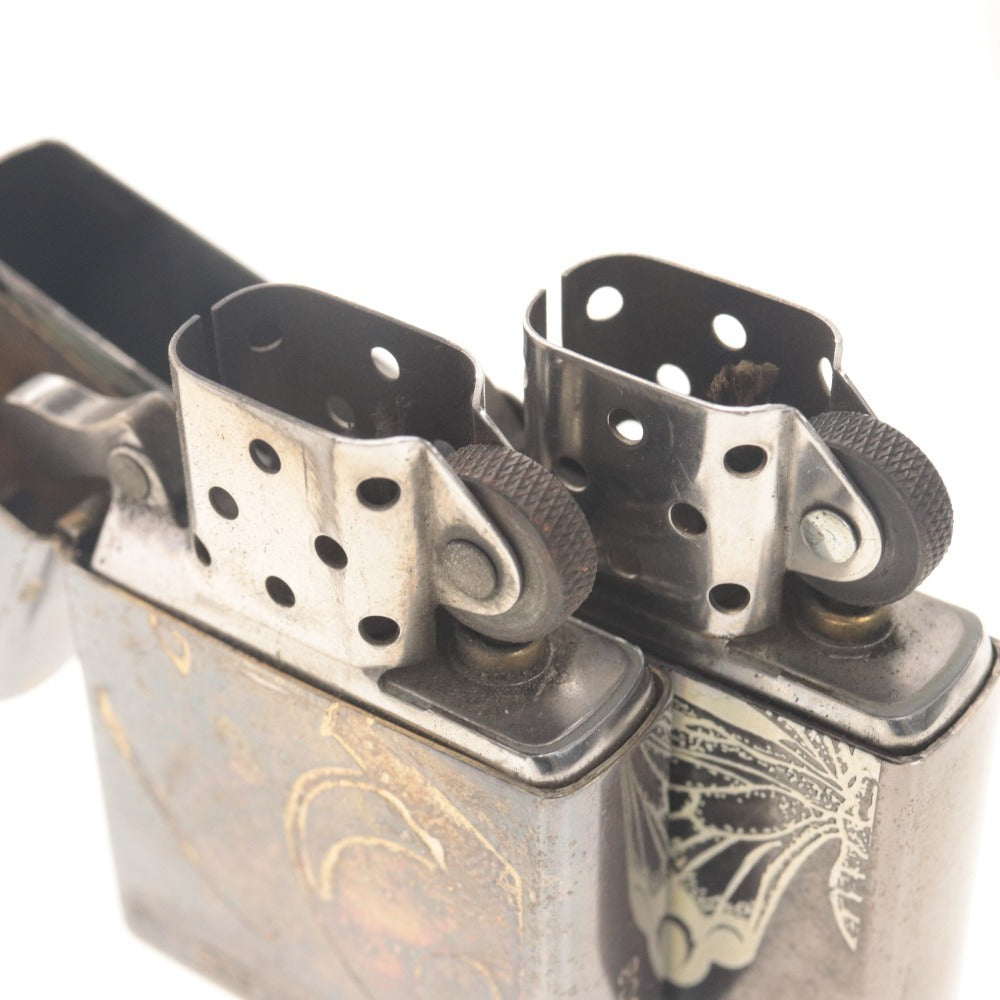 ■ ZIPPO ジッポー オイルライター 2点セット まとめ売り 大都技研 総柄 パチンコ D 2005 / バタフライ 蝶柄 E 2004/ U.S.A製 動作品