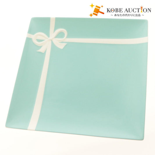 ■ TIFFANY&CO. ティファニー スクエア プレート ブルーボックス リボン 浅 角皿 食器 陶器 全長24cm