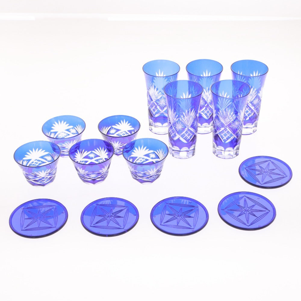 ■ 手作りきりこ 彩 一口ビール＆ぐい飲み 切子グラス 5客揃え ビールグラス 冷酒グラス 酒器 木箱付き 未使用