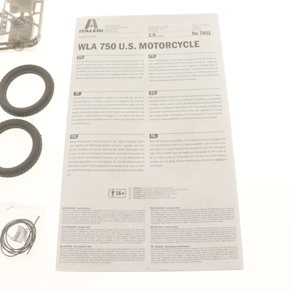 ■ ITALERI イタレリ プラモデル 1/9 WW.II アメリカ陸軍 軍用バイク WLA 750 U.S. Motorcycle No.7401 付属品付き 未組立 未開封 未使用