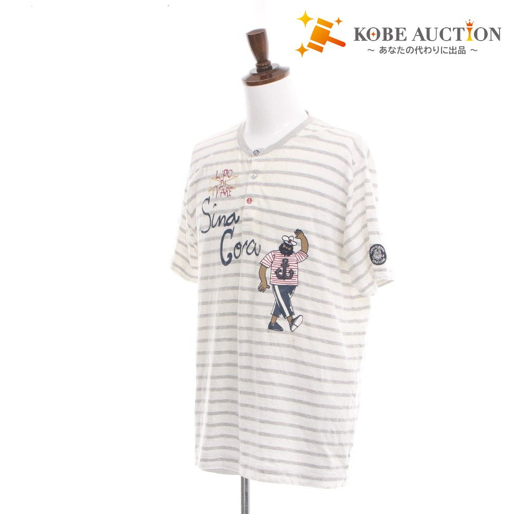 ■ SINA COVA T-shirt Short Sleeve Top Henley Neck Marine Style Print Patch Border Men's LL White Gray