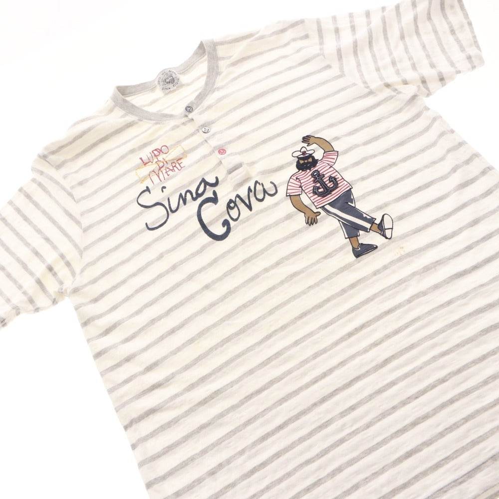 ■ SINA COVA T-shirt Short Sleeve Top Henley Neck Marine Style Print Patch Border Men's LL White Gray