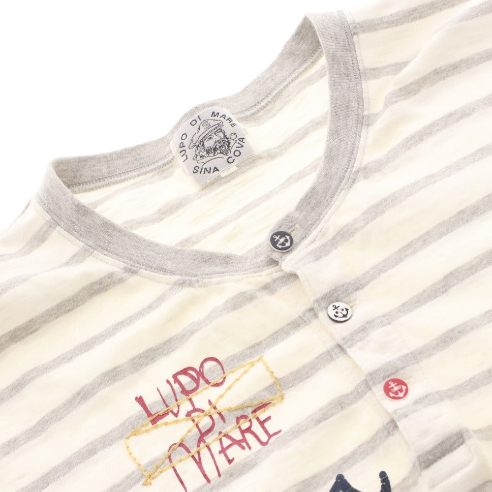 ■ SINA COVA T-shirt Short Sleeve Top Henley Neck Marine Style Print Patch Border Men's LL White Gray