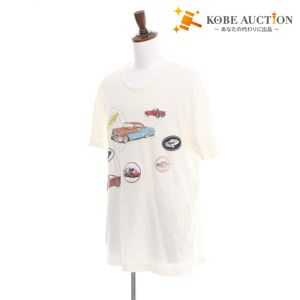 ■ PAPAS パパス Tシャツ 半袖 トップス ワッペン クラシックカー リネン混 メンズ LL ホワイト