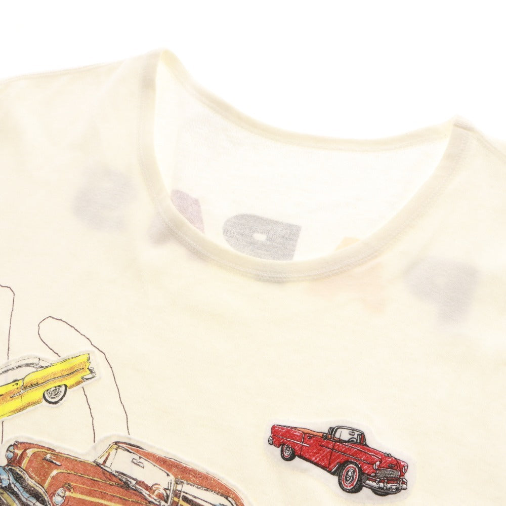 ■ PAPAS パパス Tシャツ 半袖 トップス ワッペン クラシックカー リネン混 メンズ LL ホワイト