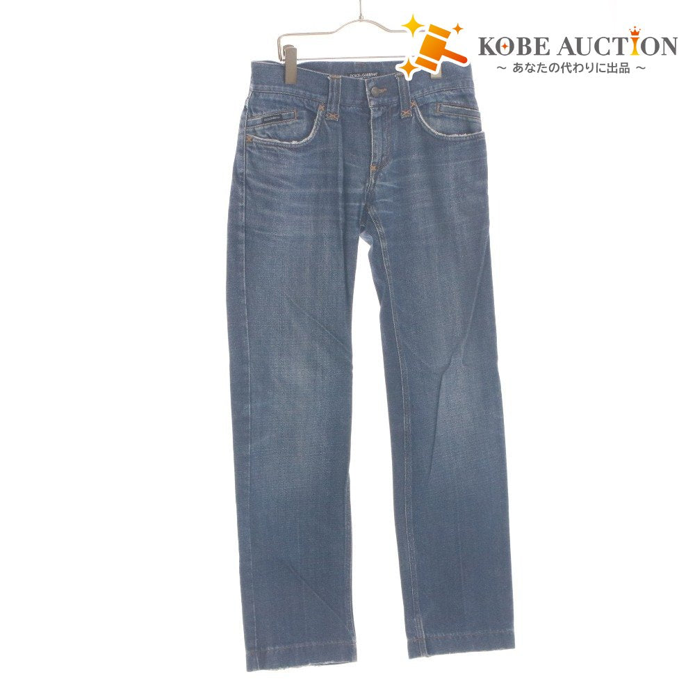 ■ DOLCE&GABBANA Denim Jeans DG Logo Plate Leather Trim Distressed Y2K Men's 44 (S-M) Blue