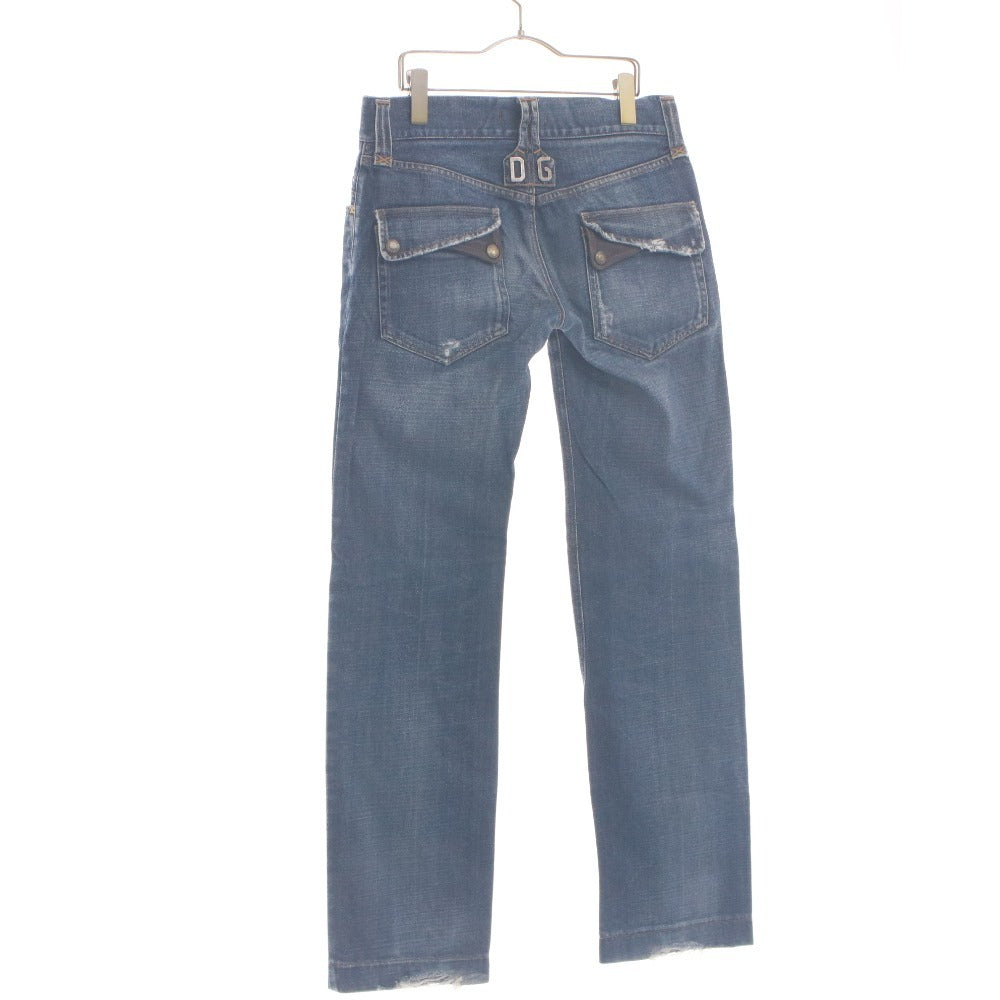 ■ DOLCE&GABBANA Denim Jeans DG Logo Plate Leather Trim Distressed Y2K Men's 44 (S-M) Blue