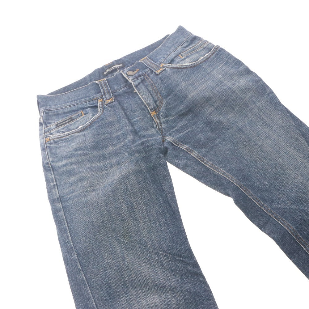 ■ DOLCE&GABBANA Denim Jeans DG Logo Plate Leather Trim Distressed Y2K Men's 44 (S-M) Blue