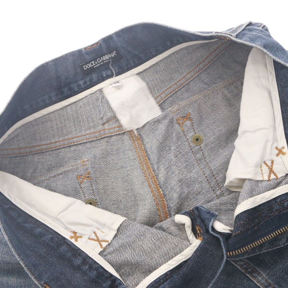 ■ DOLCE&GABBANA Denim Jeans DG Logo Plate Leather Trim Distressed Y2K Men's 44 (S-M) Blue