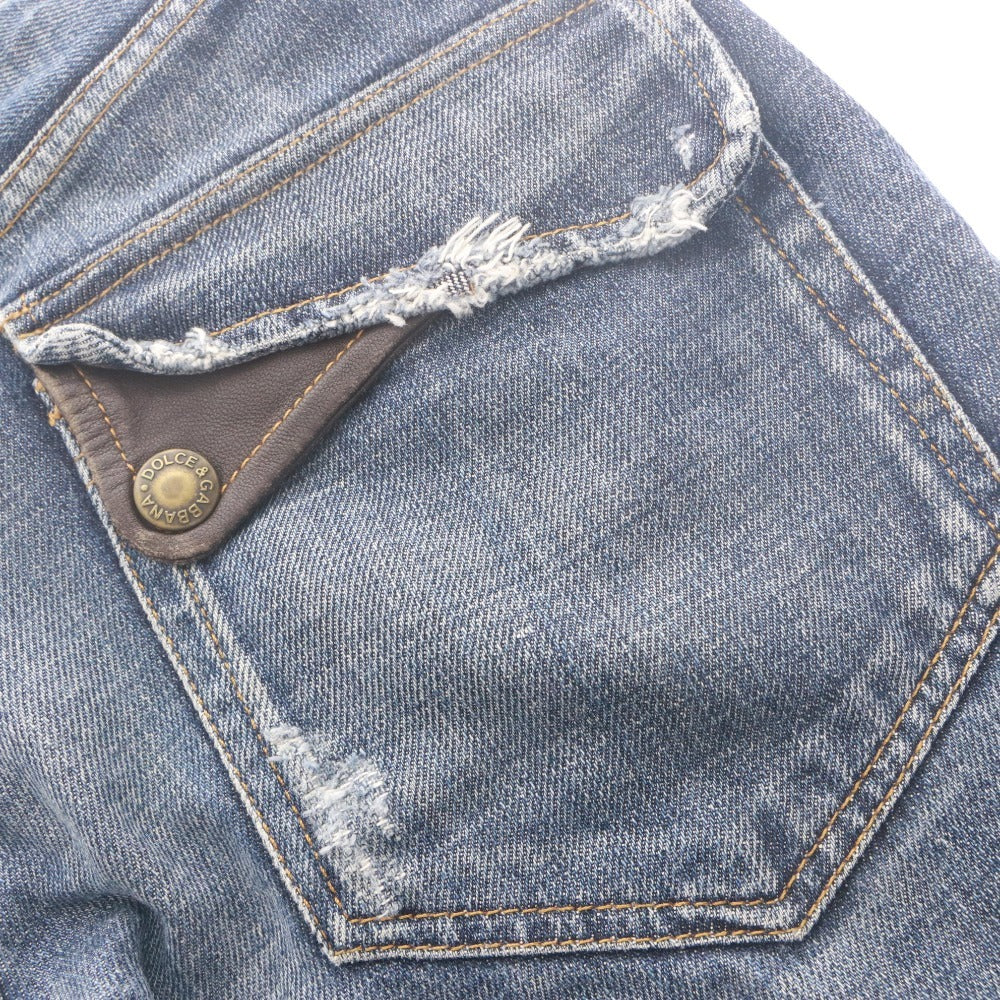 ■ DOLCE&GABBANA Denim Jeans DG Logo Plate Leather Trim Distressed Y2K Men's 44 (S-M) Blue