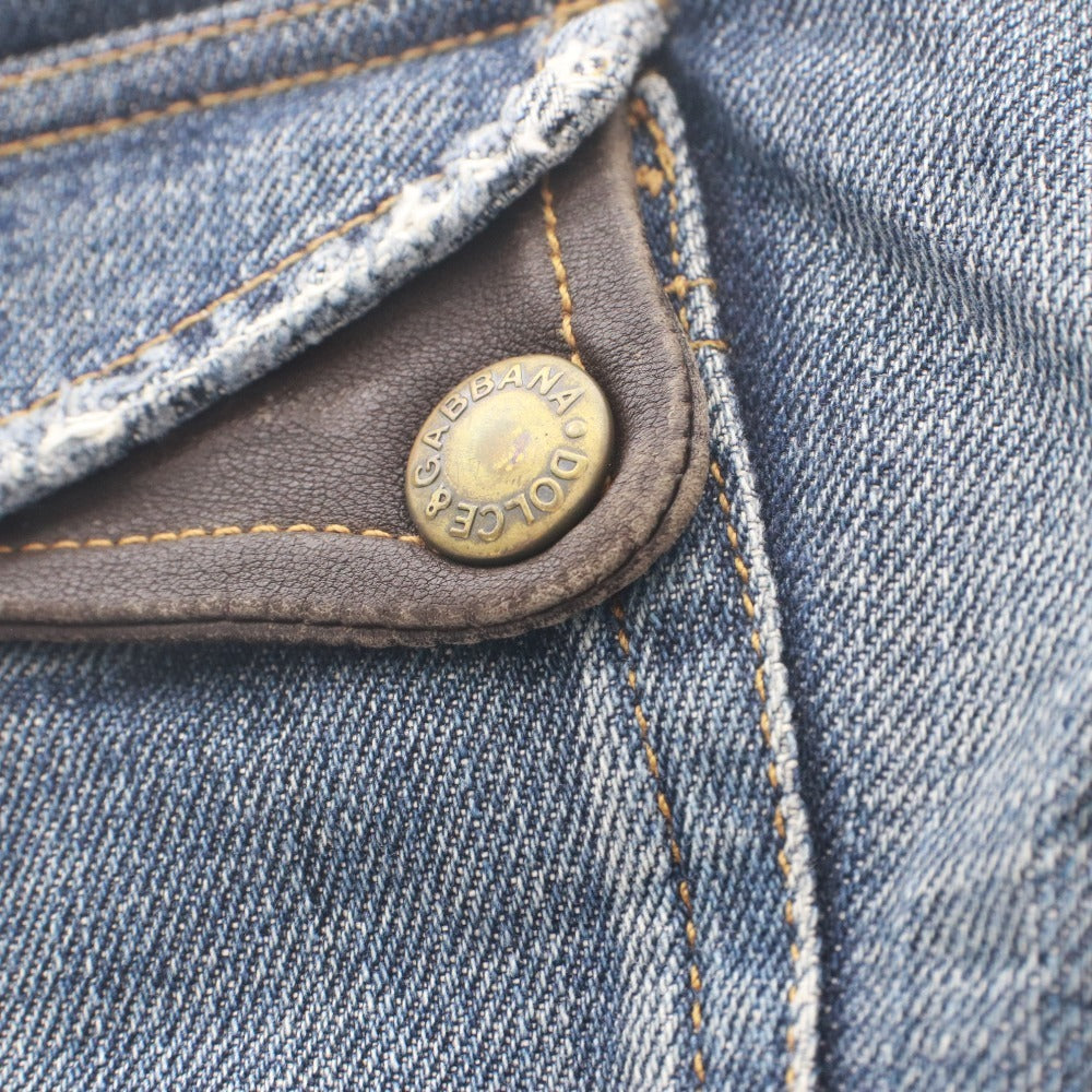 ■ DOLCE&GABBANA Denim Jeans DG Logo Plate Leather Trim Distressed Y2K Men's 44 (S-M) Blue