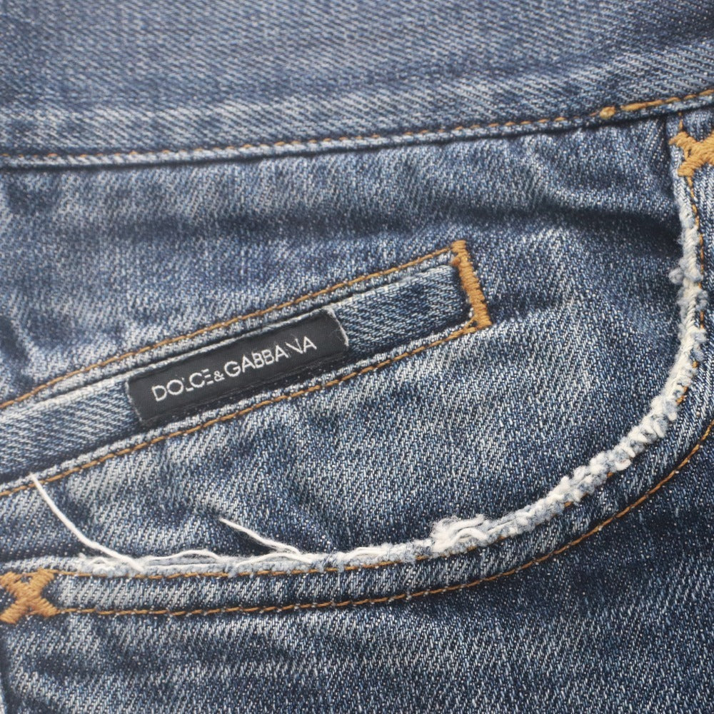 ■ DOLCE&GABBANA Denim Jeans DG Logo Plate Leather Trim Distressed Y2K Men's 44 (S-M) Blue
