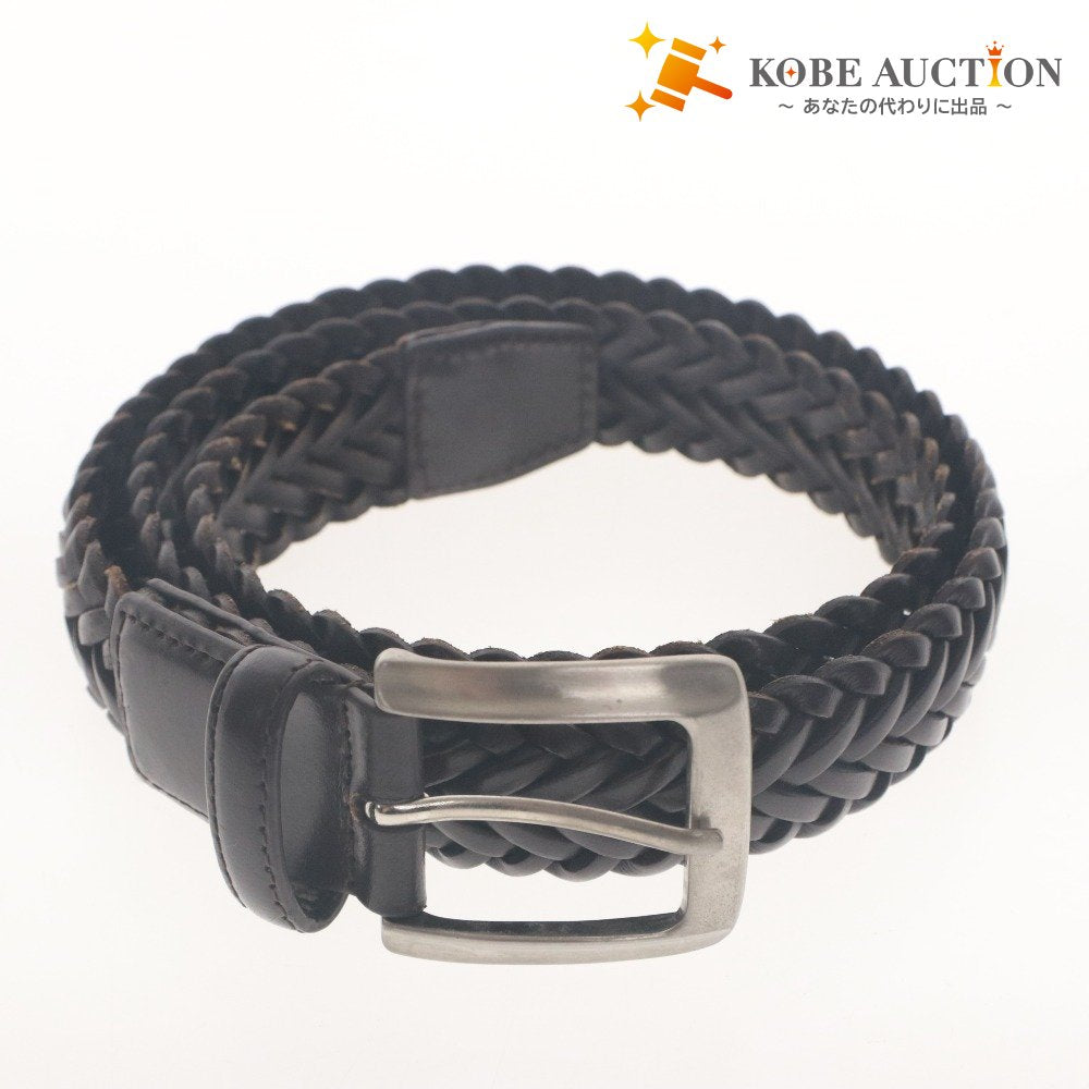 ■ Paul Stuart Belt Bridle Leather Cowhide Intrecciato Mesh Men's 48 Dark Brown