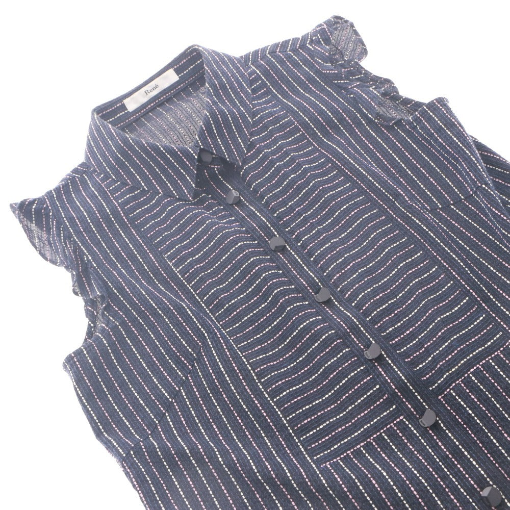 ■ Rene Sleeveless Shirt Blouse Top Collar Frill Sleeves Buttons Striped Pattern Made in Japan Women's 36 (M equivalent) Dark Navy, etc.