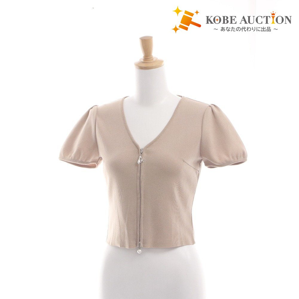 ■ Rene Cardigan Short Sleeve Top Outer Knit Pearl Zipper Made in Japan Women's 34 (S equivalent) Light Beige