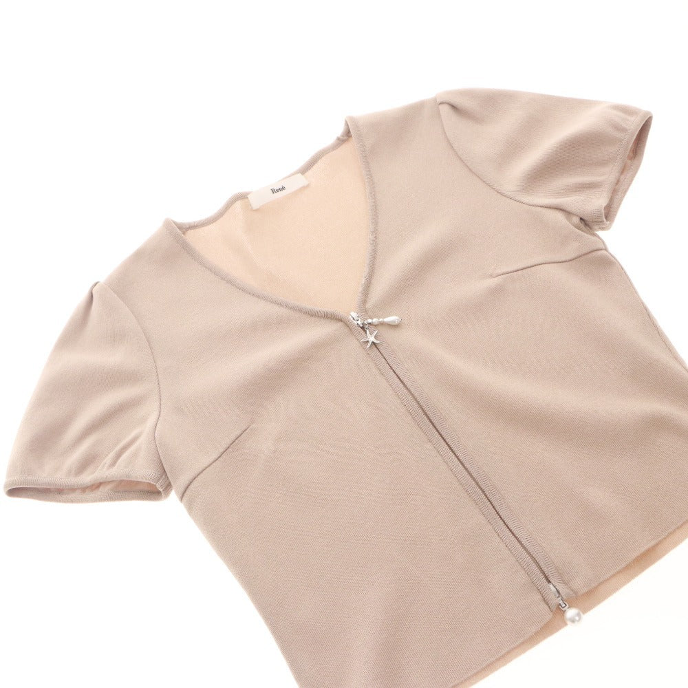 ■ Rene Cardigan Short Sleeve Top Outer Knit Pearl Zipper Made in Japan Women's 34 (S equivalent) Light Beige