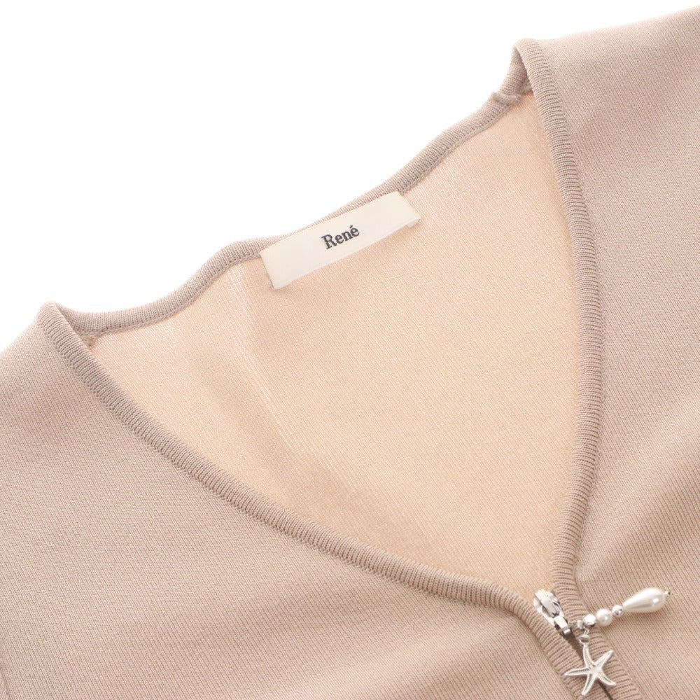 ■ Rene Cardigan Short Sleeve Top Outer Knit Pearl Zipper Made in Japan Women's 34 (S equivalent) Light Beige