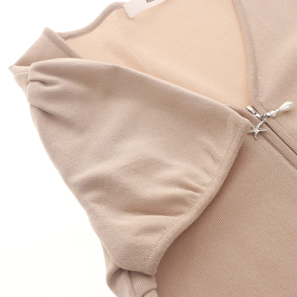 ■ Rene Cardigan Short Sleeve Top Outer Knit Pearl Zipper Made in Japan Women's 34 (S equivalent) Light Beige