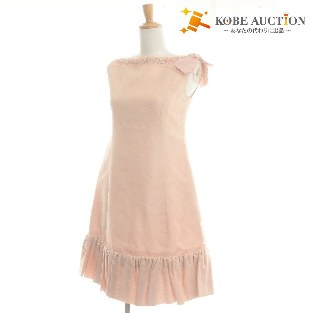 ■ FOXY Dress Sleeveless Knee-Length Top Silk Bijou Flared Hem Ribbon Ladies 38 Pink Beige