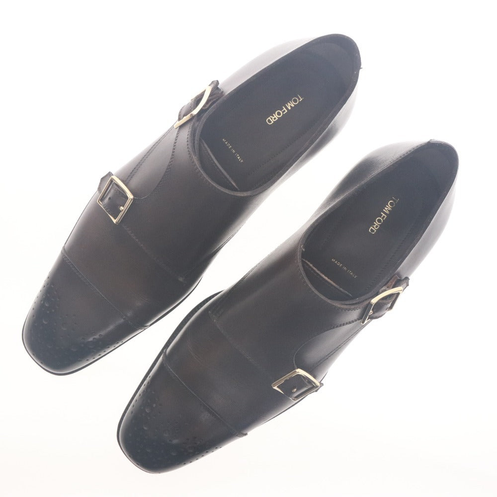 ■ トムフォード TOM FORD ドレスシューズ ダブルモンクストラップ 靴 ゴールド バックル メンズ 5(24cm相当）ダークブラウン 箱付き