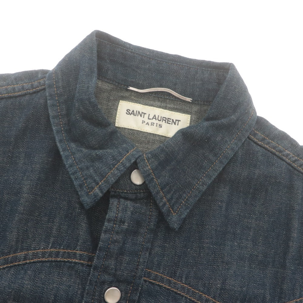 ■ Saint Laurent サンローラン デニムシャツ トップス 襟 長袖 ボタン 胸ポケット メンズ XS ダークネイビー系 未使用
