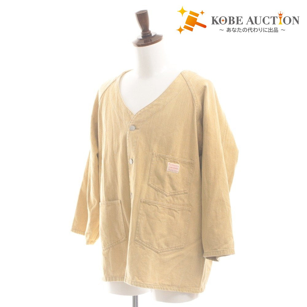■ PENNEYS Exclusive Model Collarless Coverall Jacket Long Sleeve Outer V-Neck Chest Pocket Buttons Men's (Fits L) Beige