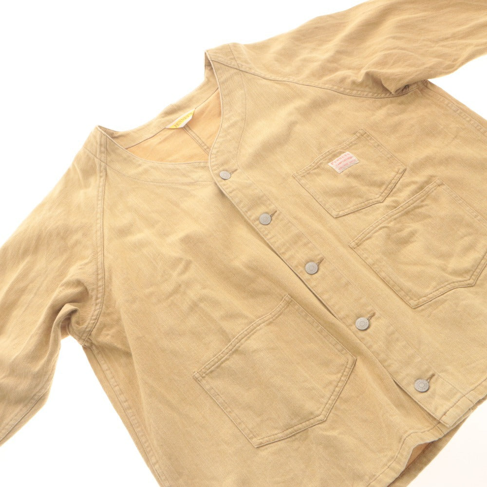 ■ PENNEYS Exclusive Model Collarless Coverall Jacket Long Sleeve Outer V-Neck Chest Pocket Buttons Men's (Fits L) Beige