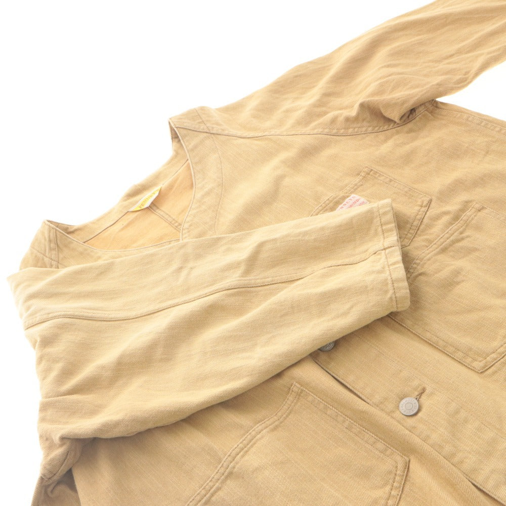 ■ PENNEYS Exclusive Model Collarless Coverall Jacket Long Sleeve Outer V-Neck Chest Pocket Buttons Men's (Fits L) Beige