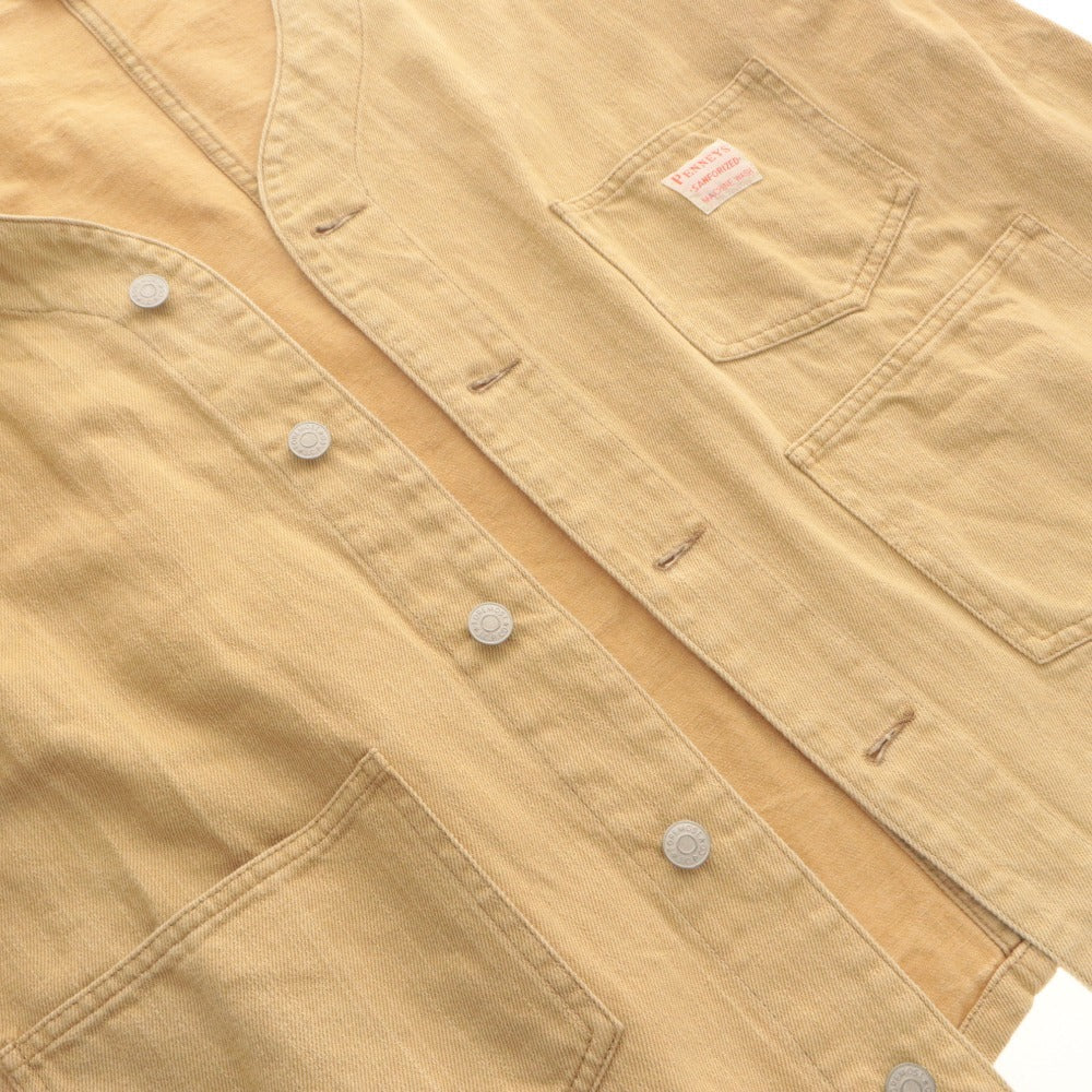 ■ PENNEYS Exclusive Model Collarless Coverall Jacket Long Sleeve Outer V-Neck Chest Pocket Buttons Men's (Fits L) Beige