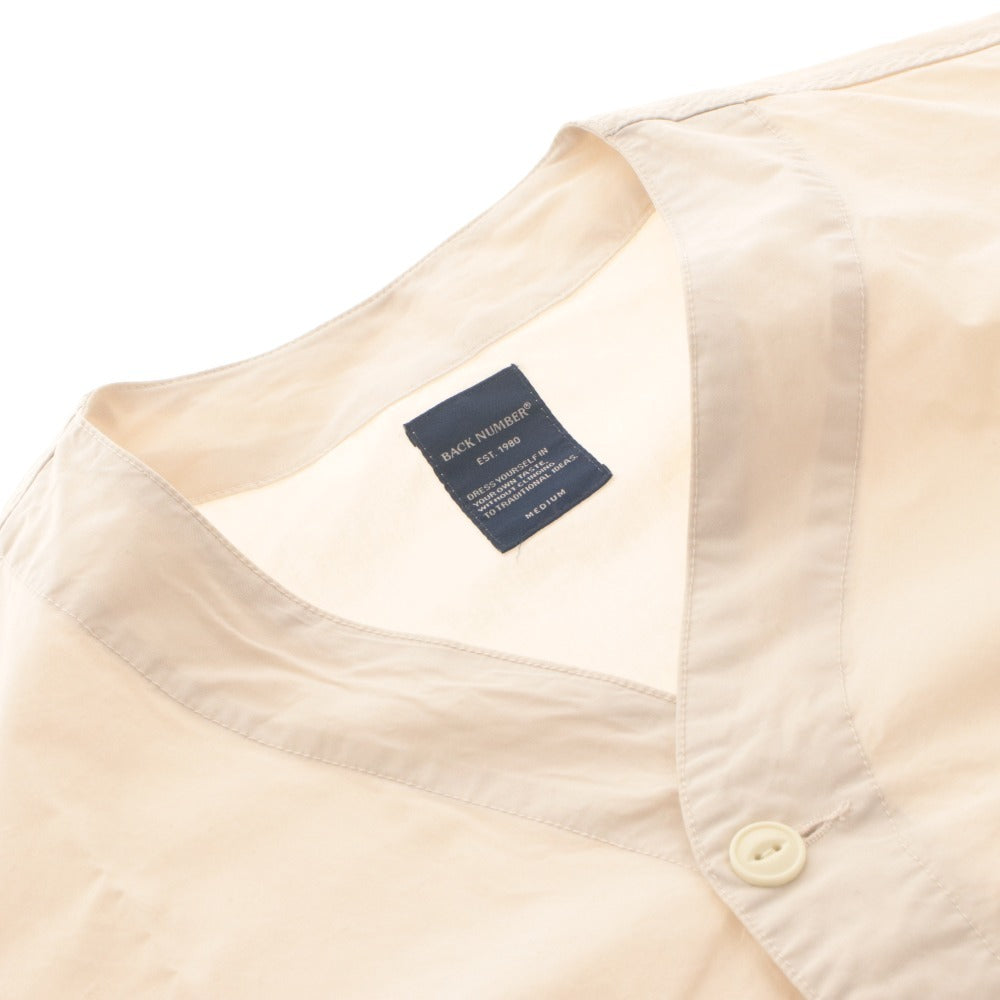 ■ Right-on BACK NUMBER Collarless Shirt Jacket Long Sleeve Outer Jungle Fatigue Military Chest Pockets Men's M Beige