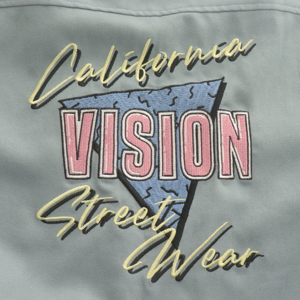 ■ VISION STREET WEAR 半袖シャツ トップス アウター可 襟 オープンカラー フロントボタン ロゴ刺繍 メンズ M ブルーグリーン