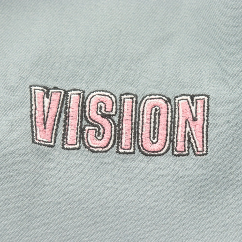 ■ VISION STREET WEAR 半袖シャツ トップス アウター可 襟 オープンカラー フロントボタン ロゴ刺繍 メンズ M ブルーグリーン