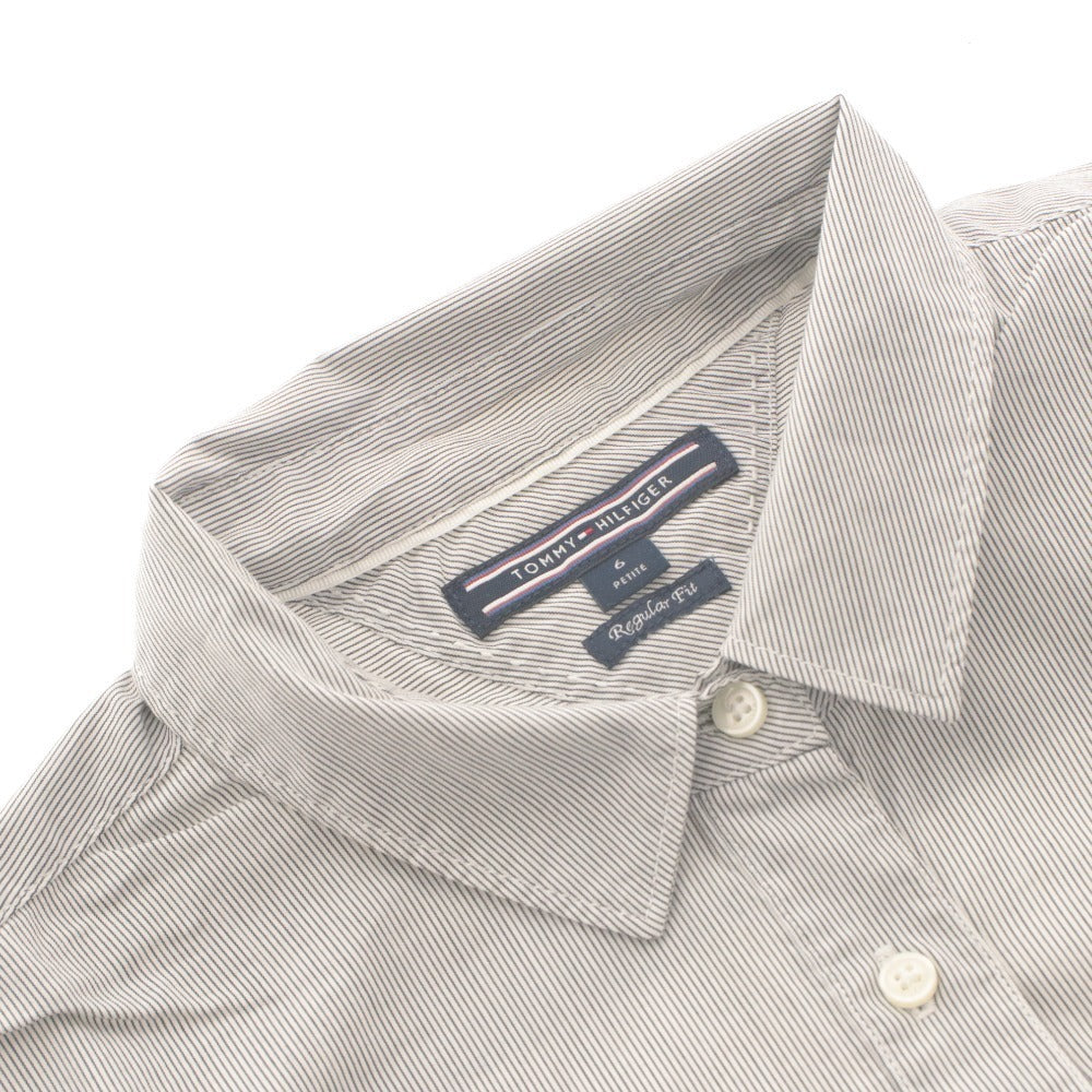 ■ TOMMY HILFIGER トミー 半袖シャツ トップス レギュラーフィット 襟 ボタン ストライプ柄 レディース 6プチ (M相当) ライトグレー