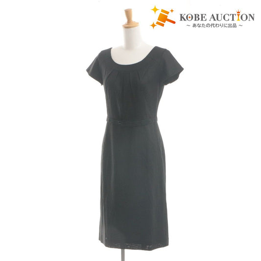 ■ ANNE KLEIN NEW YORK ワンピース ひざ丈 半袖 トップス ベルト付き フォーマル 日本製 麻 レディース 11 (L相当) 黒 ブラック